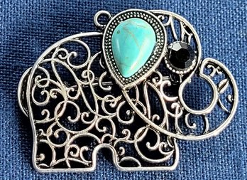 Filigree Trunk Up Elephant Pendant Or Brooch With Faux Turquoise Ear