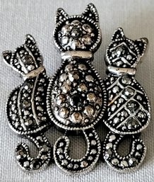 Three Kitty Cat Family In Silver Tone &  Marcasite