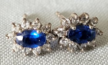 Gorgeous Classic Blue Sapphire & Clear CZ Sterling Silver Post Pierced Earrings