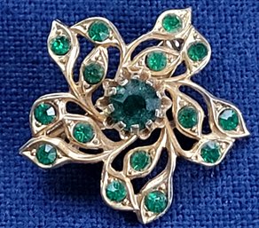 Vintage Emerald Green Rhinestone Floral Gold Tone Signed Coro Brooch