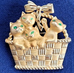 Vintage AJC Adorable Kittens In A Basket Brooch
