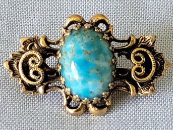 Vintage Baroque Brooch With Turquoise Colored Mottled Center & Gilt Setting