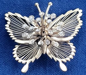 Vintage Gold Tone Signed Monet Butterfly Brooch With Rhinestones