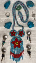Lot Jewelry: Beaded Necklace, Sterling Earrings, 925 Ring W/ Stone Turquoise Stones Native American Indian