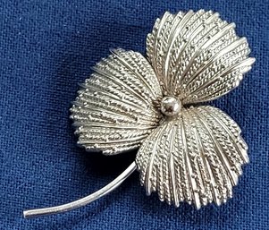 Large Vintage Silver Tone Textured Flower And Stem Brooch