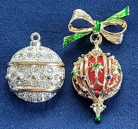 Two Pretty Vintage Holiday Ornament Brooches - One Signed