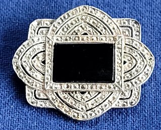Gorgeous Art Deco Vintage Onyx Center Brooch With Marcasite Frame