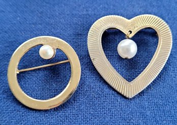 Open Heart & Circle Vintage Brooches With Faux Pearl Detail