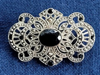 Romantic Silver Tone Faux Nouveau Vintage Brooch With Marcasite