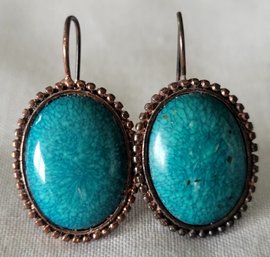 Copper Vintage Southwestern Oval Turquoise Colored Dangling Earrings