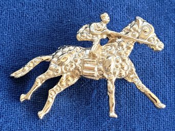 Fabulous Gold Tone Galloping Race Horse Brooch With Jockey