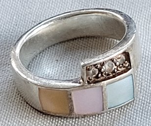 Vintage Sterling Silver Colorful Inset Mother Of Pearl Wrap Around Style Ring