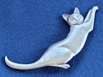 Vintage Pewter Tone Stretching Large Cat Brooch Signed Mali