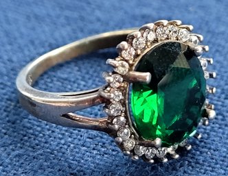 Vintage Sterling Silver Emerald Color & CZ Surround Ring