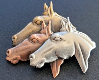 Pretty Mixed Metal Three Horse Head Equestrian Brooch