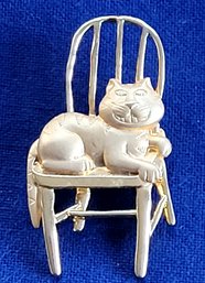 Vintage 80's Designer  Gold Tone Cheshire Cat On A Chair Brooch