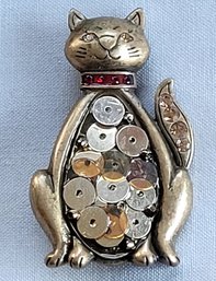 Brass Tone Darling Sitting Cat With Sequin & Rhinestones Brooch