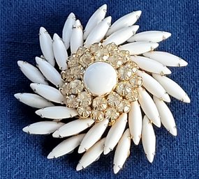 Judy Lee Milk Glass Navette & Clear Crystal Pinwheel Vintage Brooch