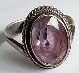 Beautiful Faceted Amethyst Stone With Double Rope Edge Sterling Silver Ring