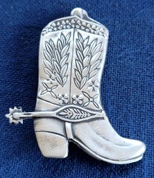 Western Theme Cowboy Boot With Spur Signed Pewter Silver Brooch