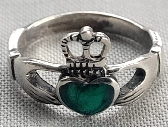 Sterling Silver Claddagh Ring With Green Enamel Center