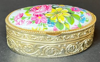 Vintage Oval Trinket Box Pillbox - Embossed Gold Tone - Porcelain Floral Top - Made In Italy