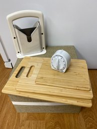 COLLECTION Of Cutting  Boards,  Bagel  Slicer And Timer