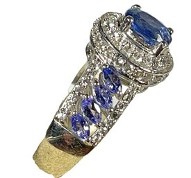 Sterling Silver Tanzanite Ladies Ring With White Spinel Size 6