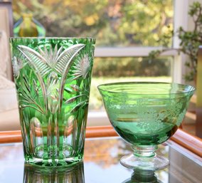 (1) Art Deco Crystal Cut Glass Green Vase With An Etched Green Glass Bowl