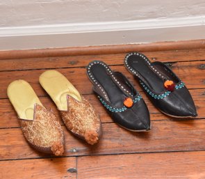 (2) Pairs Of Genuine Moroccan Leather And Embroidered Babouche