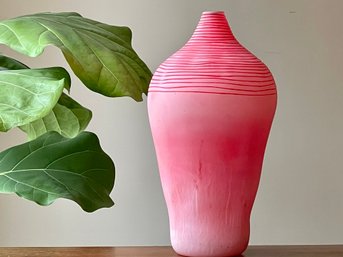 Handblown & Carved Red Vase Finished With The Scavo Technique. See Description RE: Scavo Technique