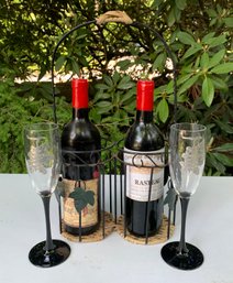 Bottles Of Wine With Waxed Corks In Wicker And Metal Carrier & Inlaid Silver Etched Glasses