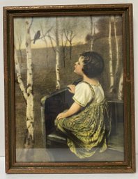 Antique Vintage Framed Print - Little Girl On Bench Watching A Bird Amongst The Birch Trees