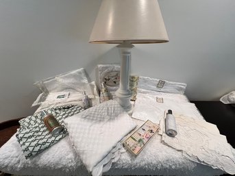 NIB Lace And Linen Doilies, Tablecloth, Air Sprays, Table Lamp,