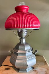 Vintage Table Lamp With Red Corningware Glass Lampshade