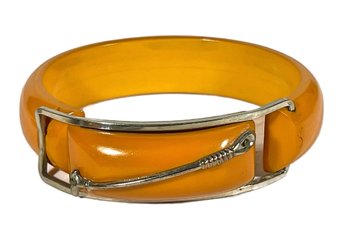 Antique Butterscotch Bakelite Plastic Chrome Decorated Bangle Bracelet