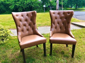 Pair Of Modern Tufted Back Wing Chairs In Cognac Leatherette