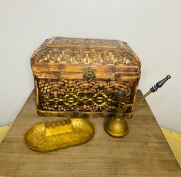 Vintage Brass Pipe And Beautiful Ashtray With Bamboo Box