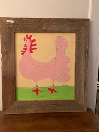 Decorative Custom Wood Framed Painting Of A Pink Chicken