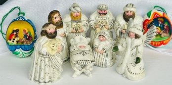 3 Mini Nativity Sets: Wood Midwest Of Cannon Falls White Set, 2 Hand Crafted Mexico Nativity Sets In Egg