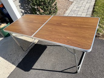 Folding Aluminum Metal Table With Wood Grain Look Top