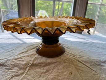 Amber Blown Glass With Ruffled Edge, Pedestal Cake Plate