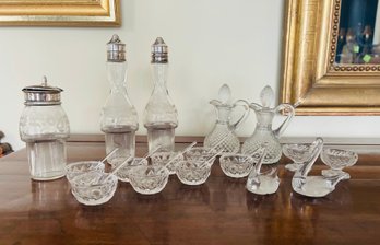 Petite Etched Glass Salt & Peppers & Table Top Servers Grouping  (LOC:S1)