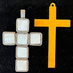 Vintage Lot Large Cross Pendants - Shiny Gold Tone 2 5/8 - Silver Tone Or Pewter & Mother Of Pearl 2.5 Inches
