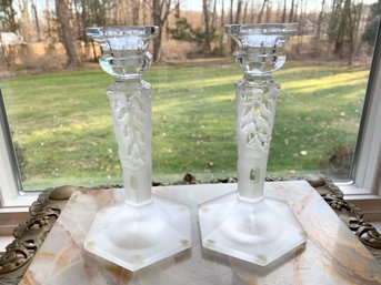 Pair Of Signed Art Glass Crystal Candlesticks