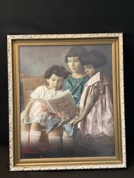 Large Portrait Of Three Girls Antique Framed Handcolored Photo Or Print