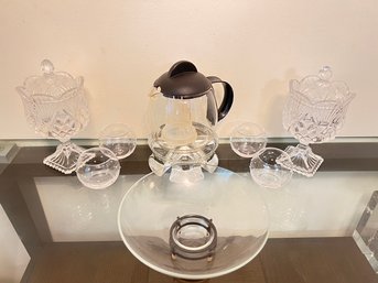 Glass Lot, 2 Covered Candy Dishes, 4 Button Decorated Candle Glasses, Bowl On Stand