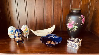 Rosenthal Floral Vase 8.5', Porcelain Eggs 4', Lenox Pickle Dish 9' , Wedgwood  Cornucopia Trinket Box