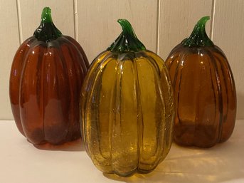 Trio Of Crackled Glass Pumpkins, Burnt Orange, Amber & Gold
