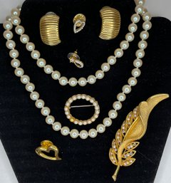 Vintage Jewelry Lot - Napier Pearl Necklace - Napier Earrings - Iridescent Stone Leaf Brooch - Heart Pins
